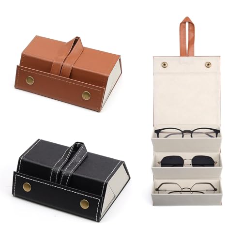 AMONENZ 2 Stück Brillen Aufbewahrungsbox, Dreiteiliges Leder-Sonnenbrillen Etui, Faltbares Brillenaufbewahrung, Brillenetui in Schwarz und Khaki für Brillen, Halsketten und Uhren von AMONENZ