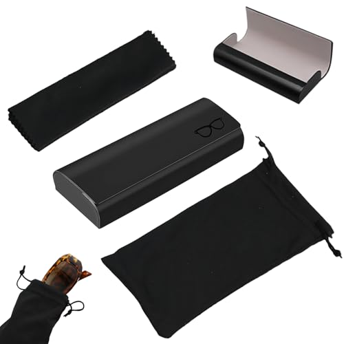 AMONENZ Brillenetui Leder Set, PU Leder Brillen Etui Hart, Schwarz Sonnenbrillenetui, mit Brillenputztuch und Aufbewahrungsbeutel, für Myopiebrillen, Lesebrillen und Sonnenbrillen von AMONENZ