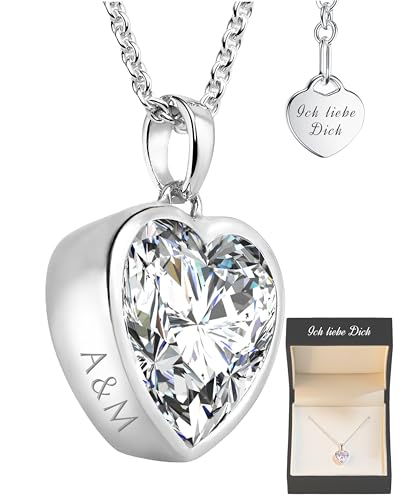 Amoonìc Herzkette Silber 925 mit Gravur Name Halskette Damen mit Herzanhänger Ich liebe Dich Kette Echt Silberkette Herz Stein Frauen Schmuck Geschenk für Sie personalisiert als Liebesgeschenk von Amoonìc