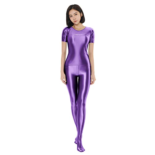 AMORESY Electa Series Color Halbarm Shiny Silky Elastic Bottomed Tight Sexy T-Shirt, violett, Mittel von AMORESY