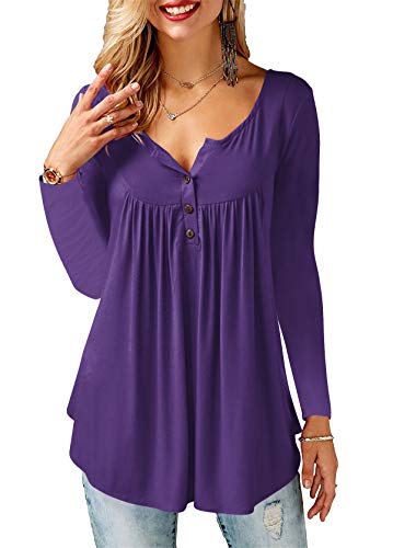 Amoretu Damen Basic V-Ausschnitt Langarm T-Shirt Tunika Bluse Top Violett M von Amoretu