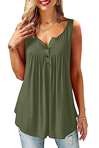 AMORETU T-Shirt Damen V-Ausschnitt Knopfleiste Bluse Solide Tunika Sommer Tops , Tanktop-armeegrün, M/DE 42-44 von Amoretu