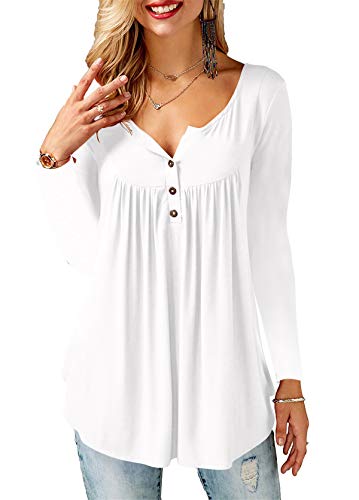 AMORETU T-Shirt Damen V-Ausschnitt Knopfleiste Bluse Solide Tunika Sommer Tops , Langarm-weiß, XXL/DE 54-56 von Amoretu