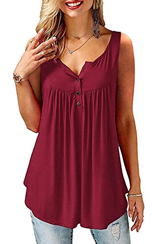 AMORETU T-Shirt Damen V-Ausschnitt Knopfleiste Bluse Solide Tunika Sommer Tops , Tanktop-weinrot, XL/DE 50-52 von Amoretu