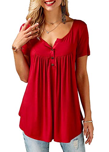 AMORETU T-Shirt Damen V-Ausschnitt Knopfleiste Bluse Solide Tunika Sommer Tops , Kurzarm-rot, XXL/DE 54-56 von Amoretu