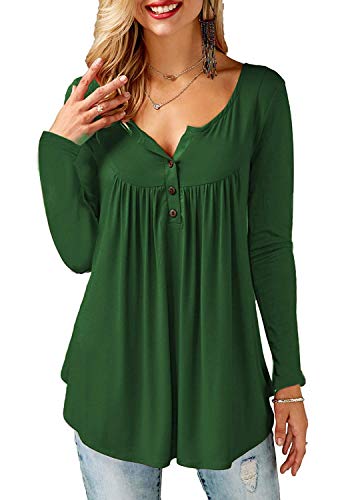 Amoretu Langarmshirt Damen Tunika V-Ausschnitt Bluse Longshirt mit Knopf Grün XL von Amoretu