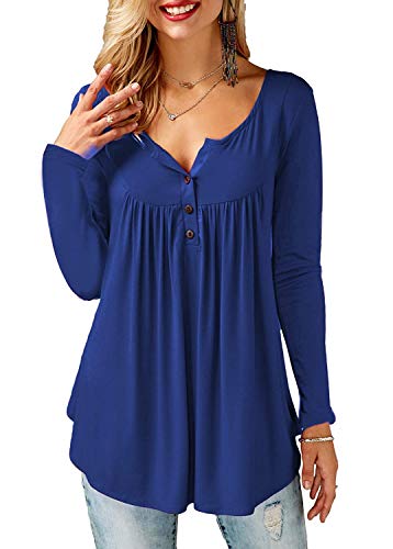 Amoretu Oberteile Damen V Ausschnitt Knopfleiste Langarmshirts Tunika Tops Hemd Shirts, A-blau, S von Amoretu