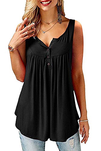 AMORETU T-Shirt Damen V-Ausschnitt Knopfleiste Bluse Solide Tunika Sommer Tops , Tanktop -Schwarz, L/DE 46-48 von Amoretu