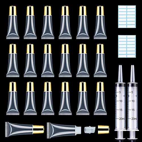 AMORIX 50 Stück 5ml Leere Lipgloss Tuben Nachfüllbar Lip Gloss mit Goldkappe + 2 Spritzen 20ml Etiketten für DIY Base Glitter Lipgloss von AMORIX