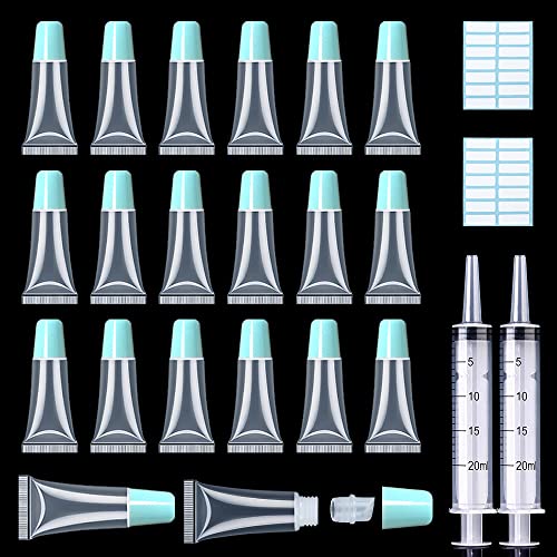 AMORIX 50PCS Lip Gloss Tubes 5ml Blue Cap Lip Gloss Containers Empty Lip Balm Tubes Refillable Squeeze Lipgloss Tubes + 2 x 20ml Syringes Tag Labels for DIY Lip Gloss Glitter von AMORIX