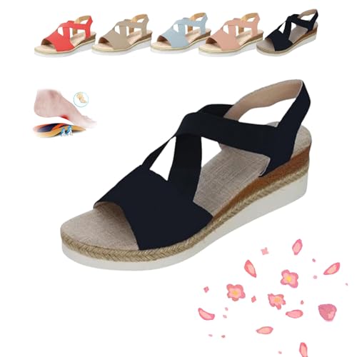 AMOUSD Bequeme Damen-Sandalen mit Keilabsatz, Sommer, flacher Keilabsatz, Fischsandalen, schwarze Keilabsätze, Strandurlaub, Schwarz , 37 EU von AMOUSD