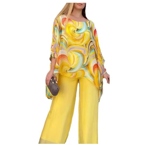 AMOUSD Buntes Chiffon-Set für Damen, Sommer, lässig, Rundhalsausschnitt, bedruckt, zweiteiliger Anzug, abstrakter Druck, Oberteil und Hose mit weitem Bein, gelb, 48 AMOUSD Buntes Chiffon-Set für Damen, Sommer, lässig, Rundhalsausschnitt, bedruckt, zweiteiliger Anzug, abstrakter Druck, Oberteil und Hose mit weitem Bein, gelb, 48 von AMOUSD