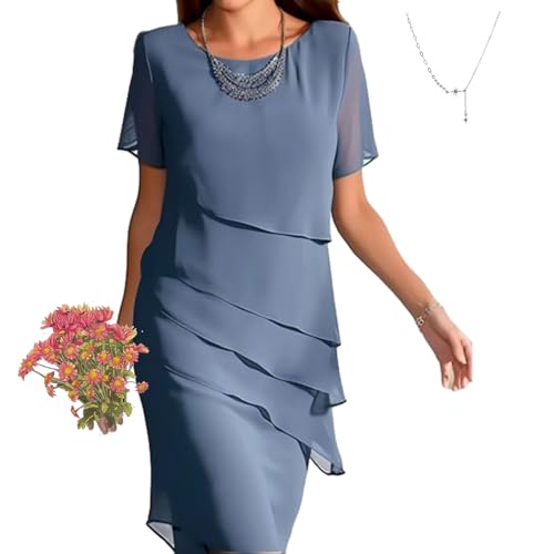 AMOUSD Damen Stufenrotes Chiffonkleid Faltenkleid Elegant Abend Midikleid Patchwork Chiffon O-Ausschnitt Casual Kurzarm, blau, XX-Large von AMOUSD