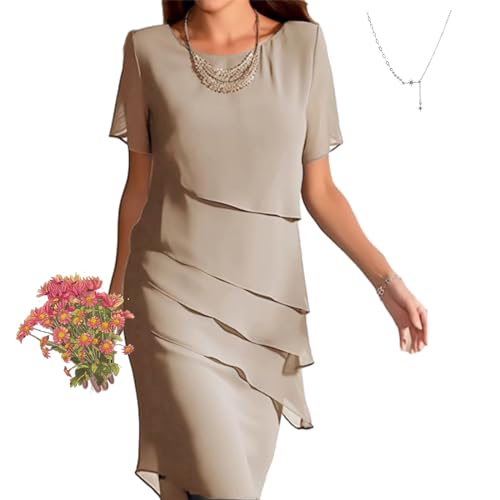AMOUSD Damen Stufenrotes Chiffonkleid Faltenkleid Elegant Abend Midikleid Patchwork Chiffon O-Ausschnitt Casual Kurzarm, camel, L von AMOUSD