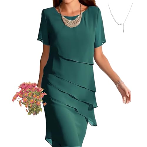 AMOUSD Damen Stufenrotes Chiffonkleid Faltenkleid Elegant Abend Midikleid Patchwork Chiffon O-Ausschnitt Casual Kurzarm, grün, XXX-Large von AMOUSD