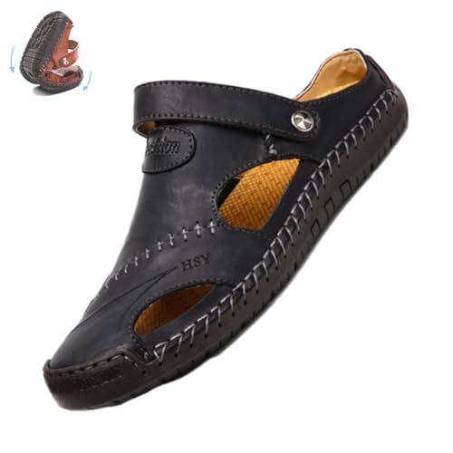 AMOUSD Große Größe Weiches Leder Herren Atmungsaktive Outdoor-Sandalen Verstellbare Loafer Outdoor Strandschuhe, Schwarz , 44 EU von AMOUSD