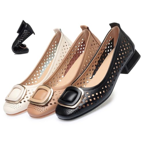 Flache Lederschuhe für Damen, weiche Unterseite, hohl, schwarz, elegante Schuhe für Damen, bequem, lässig, quadratischer Zehenbereich, Schlupfschuhe, Schwarz , 35 EU von AMOUSD