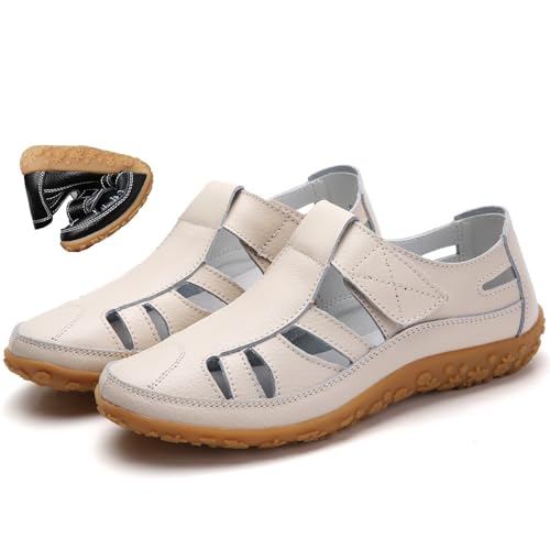 AMOUSDRDR Damen Echtes Leder Fischersandalen Weite Passform Geschlossene Zehen Komfort Sandalen mit Fußgewölbeunterstützung Sommer Strandschuhe, beige, 40 EU von AMOUSDRDR