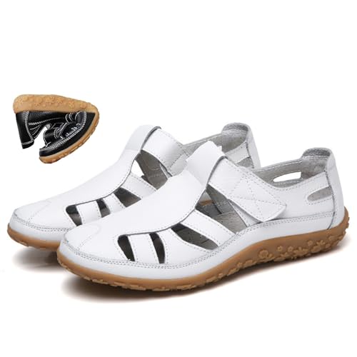 AMOUSDRDR Damen Echtes Leder Fischersandalen Weite Passform Geschlossene Zehen Komfort Sandalen mit Fußgewölbeunterstützung Sommer Strandschuhe, weiß, 40 EU von AMOUSDRDR