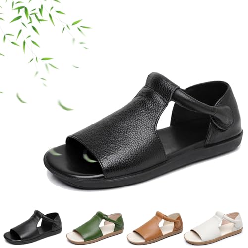 AMOUSDRDR Damen Echtes Leder Offene Zehen Sandalen Sommer Komfort Weich Rutschfest Leder Slip On Flache Orthopädische Sandalen für Sommer Strand Ausflüge, Schwarz , 40 EU AMOUSDRDR Damen Echtes Leder Offene Zehen Sandalen Sommer Komfort Weich Rutschfest Leder Slip On Flache Orthopädische Sandalen für Sommer Strand Ausflüge, Schwarz , 40 EU von AMOUSDRDR