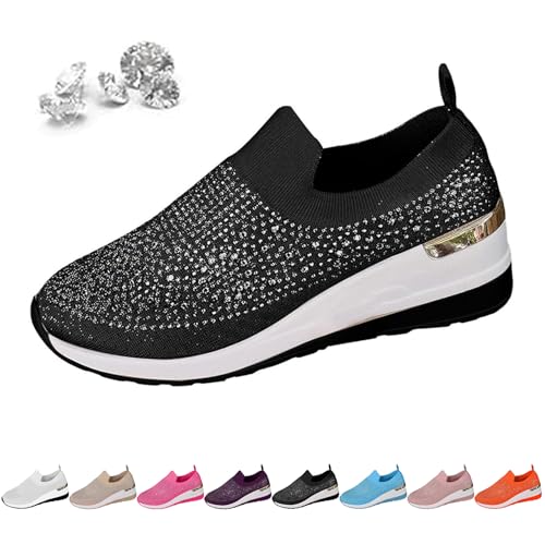 AMOUSDRDR Damen Mode Glitzer Strass Plateau Keilabsatz Sneaker Atmungsaktiv Mesh Casual Slip On Sparkly Outdoor Walking Schuhe, Schwarz , 39 EU von AMOUSDRDR