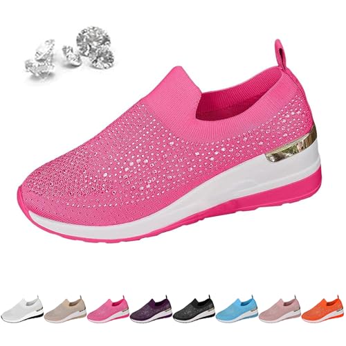 AMOUSDRDR Damen Mode Glitzer Strass Plateau Keilabsatz Sneaker Atmungsaktiv Mesh Casual Slip On Sparkly Outdoor Walking Schuhe, rosarot, 39 EU von AMOUSDRDR