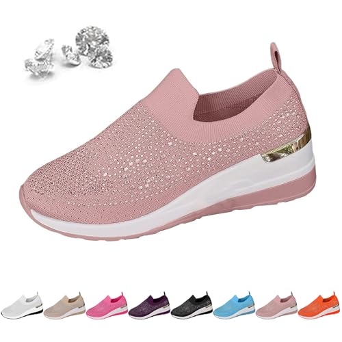 AMOUSDRDR Damen Mode Glitzer Strass Plateau Keilabsatz Sneaker Atmungsaktiv Mesh Casual Slip On Sparkly Outdoor Walking Schuhe, rose, 39 EU von AMOUSDRDR
