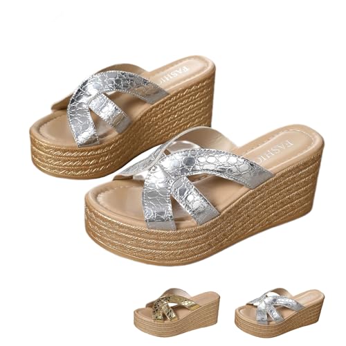 AMOUSDRDR Damen-Sandalen mit Keilabsatz, offener Zehenbereich, Plateau, High Heels, Hausschuhe, lässig, Schlupfschuhe, Fußgewölbeunterstützung, Outdoor, elegante Slides, silber, 39 EU AMOUSDRDR Damen-Sandalen mit Keilabsatz, offener Zehenbereich, Plateau, High Heels, Hausschuhe, lässig, Schlupfschuhe, Fußgewölbeunterstützung, Outdoor, elegante Slides, silber, 39 EU von AMOUSDRDR