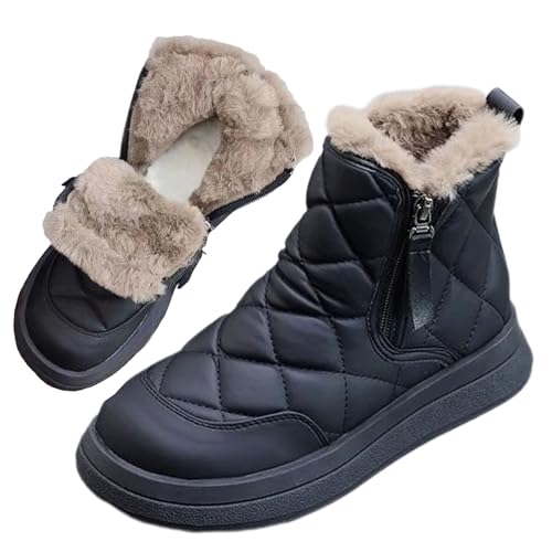 AMOUSDRDR Damen Seitlicher Reißverschluss Plateau Weiche Sohle Thermofutter Winterstiefel Wasserdicht Rutschfest Fell Gefüttert Knöchel Schneestiefel, Schwarz , 40 EU von AMOUSDRDR