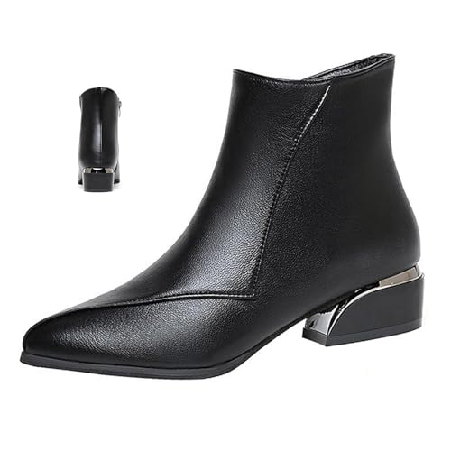 AMOUSDRDR Damen-Stiefeletten mit niedrigem Absatz, stilvolle Stiefeletten mit niedrigem Absatz, elegant, wasserdicht, Leder-Booties mit seitlichem Reißverschluss (schwarz, dünn gefüttert, 37 EU) von AMOUSDRDR