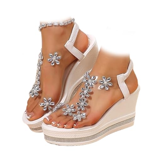AMOUSDRDR Damen Strass Blume High Heel Keilsandalen Sommer Offene Zehen Elastische Knöchelriemen Orthopädische Plattform Boho Strandschuhe, weiß, 40 EU AMOUSDRDR Damen Strass Blume High Heel Keilsandalen Sommer Offene Zehen Elastische Knöchelriemen Orthopädische Plattform Boho Strandschuhe, weiß, 40 EU von AMOUSDRDR