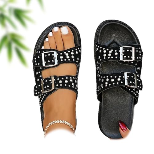 AMOUSDRDR Damen Vielseitige Nieten Zweireihige Plateau-Hausschuhe Frauen Chunky Plateau Hausschuhe mit Nieten Sommer Bequeme Offene Zehen Verstellbare Slip on Strand Sandalen, Schwarz , 0 UK von AMOUSDRDR