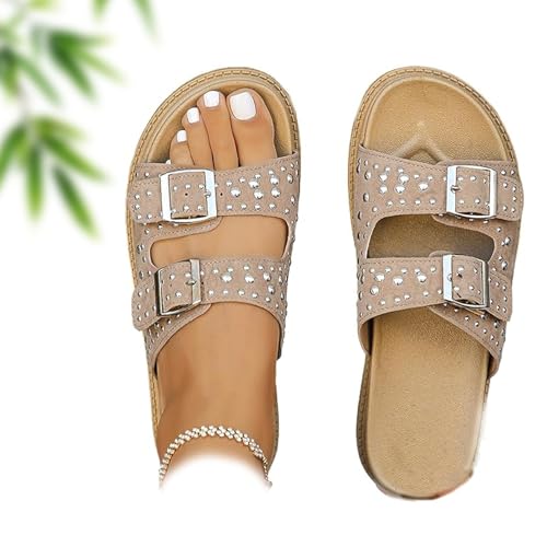 AMOUSDRDR Damen Vielseitige Nieten Zweireihige Plateau-Hausschuhe Frauen Chunky Plateau Hausschuhe mit Nieten Sommer Bequeme Offene Zehen Verstellbare Slip on Strand Sandalen, khaki, 0 UK von AMOUSDRDR