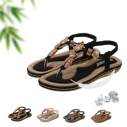 AMOUSDRDR Flache Damen-Sandalen mit T-Riemen und funkelnden Strasssteinen, Sommer, Bohemian-Stil, bequem, offener Zehenbereich, Slip-on-Flats, Flip-Flops mit Fußgewölbeunterstützung für von AMOUSDRDR