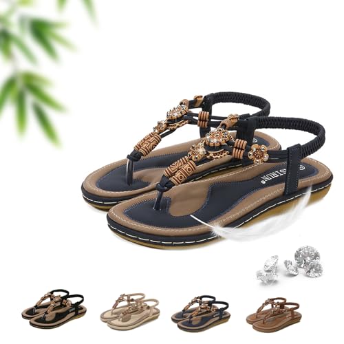 AMOUSDRDR Flache Damen-Sandalen mit T-Riemen und funkelnden Strasssteinen, Sommer, Bohemian-Stil, bequem, offener Zehenbereich, Slip-on-Flats, Flip-Flops mit Fußgewölbeunterstützung für von AMOUSDRDR