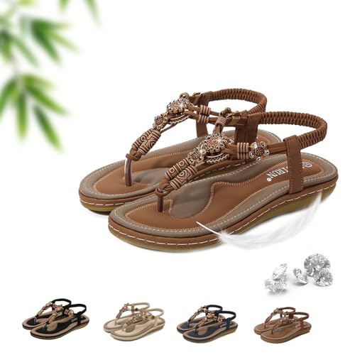 AMOUSDRDR Flache Damen-Sandalen mit T-Riemen und funkelnden Strasssteinen, Sommer, Bohemian-Stil, bequem, offener Zehenbereich, Slip-on-Flats, Flip-Flops mit Fußgewölbeunterstützung für von AMOUSDRDR