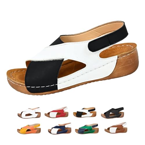 AMOUSDRDR Orthopädische Sandalen für Damen, ultra-bequem, mit abgeschrägtem Absatz, breite Passform, Fußgewölbeunterstützung, Keilabsatz für Spaziergänge, Strand und Freizeitkleidung, schwarz / weiß von AMOUSDRDR