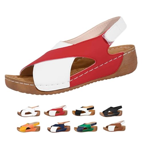AMOUSDRDR Orthopädische Sandalen für Damen, ultra-bequem, mit abgeschrägtem Absatz, breite Passform, Fußgewölbeunterstützung, Keilabsatz für Spaziergänge, Strand und Freizeitkleidung, weiß / rot, 40 von AMOUSDRDR