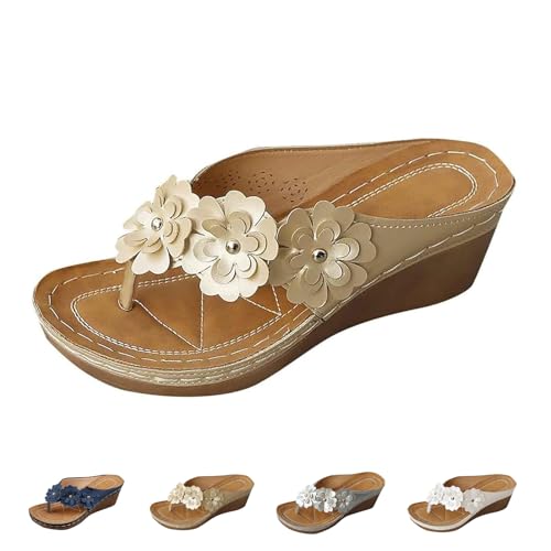 Damen-Flip-Flops mit Blumenmuster, elegant, Sommer, lässig, Plateau, orthopädische Zehensandalen, bequem, Fußgewölbeunterstützung, Strandschuhe, gold, 40 EU von AMOUSDRDR