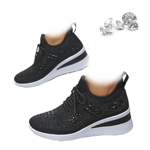 Damen Glitzer Strass Mode Atmungsaktiv Wedge Sneaker Trendy Sparkly Lace Up Plattform Hochzeit Schuhe Casual Sportschuhe, Schwarz , 39 EU von AMOUSDRDR