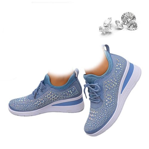 Damen Glitzer Strass Mode Atmungsaktiv Wedge Sneaker Trendy Sparkly Lace Up Plattform Hochzeit Schuhe Casual Sportschuhe, himmelblau, 39 EU von AMOUSDRDR