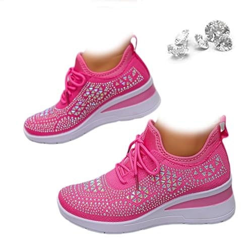 Damen Glitzer Strass Mode Atmungsaktiv Wedge Sneaker Trendy Sparkly Lace Up Plattform Hochzeit Schuhe Casual Sportschuhe, rosarot, 39 EU von AMOUSDRDR