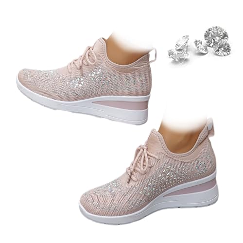 Damen Glitzer Strass Mode Atmungsaktiv Wedge Sneaker Trendy Sparkly Lace Up Plattform Hochzeit Schuhe Casual Sportschuhe, rose, 39 EU von AMOUSDRDR