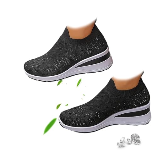 Damen Glitzer Strass Mode Atmungsaktive Keil-Sneaker Strass Mesh Leichte Bequeme Slip On Wedge Sneaker, Schwarz , 0 UK Wide von AMOUSDRDR