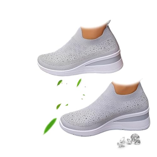 Damen Glitzer Strass Mode Atmungsaktive Keil-Sneaker Strass Mesh Leichte Bequeme Slip On Wedge Sneaker, grau, 0 UK Wide von AMOUSDRDR