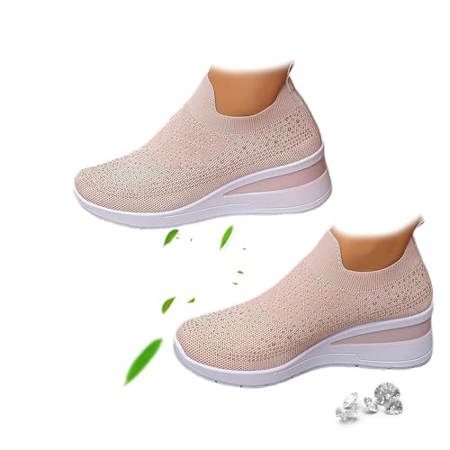 Damen Glitzer Strass Mode Atmungsaktive Keil-Sneaker Strass Mesh Leichte Bequeme Slip On Wedge Sneaker, rose, 0 UK Wide von AMOUSDRDR