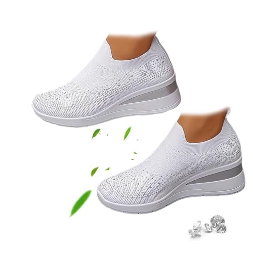 Damen Glitzer Strass Mode Atmungsaktive Keil-Sneaker Strass Mesh Leichte Bequeme Slip On Wedge Sneaker, weiß, 0 UK Wide von AMOUSDRDR