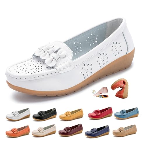 Damen Hohles weiches Leder Atmungsaktive Mokassins Sandalen Orthopädische Slip-On Loafer Leichte Flache Schuhe, Weiß hohl, 41 EU von AMOUSDRDR