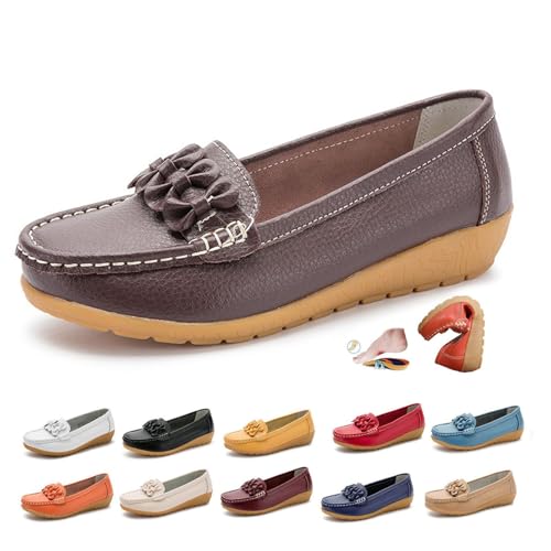 Damen Hohles weiches Leder Atmungsaktive Mokassins Sandalen Orthopädische Slip-On Loafer Leichte Flache Schuhe, coffee, 41 EU von AMOUSDRDR