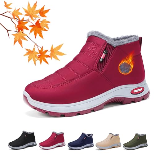 Damen Pelz Gefüttert Rutschfest Warm Orthopädische Stiefel Damen Winter Outdoor Warm Leicht Bequem Anti-Rutsch Plattform Slip On Stiefeletten, rot, 0 UK von AMOUSDRDR
